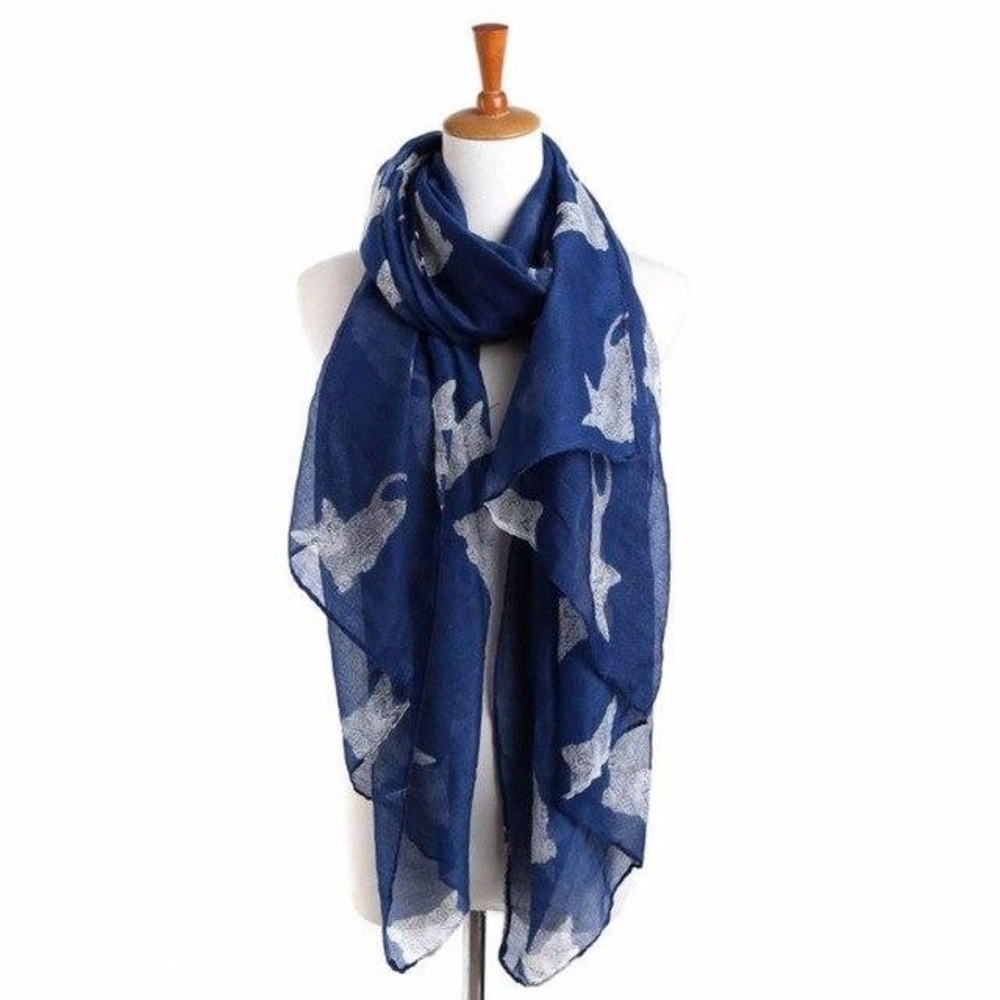 Blue Cat Print Cotton Voile Scarf